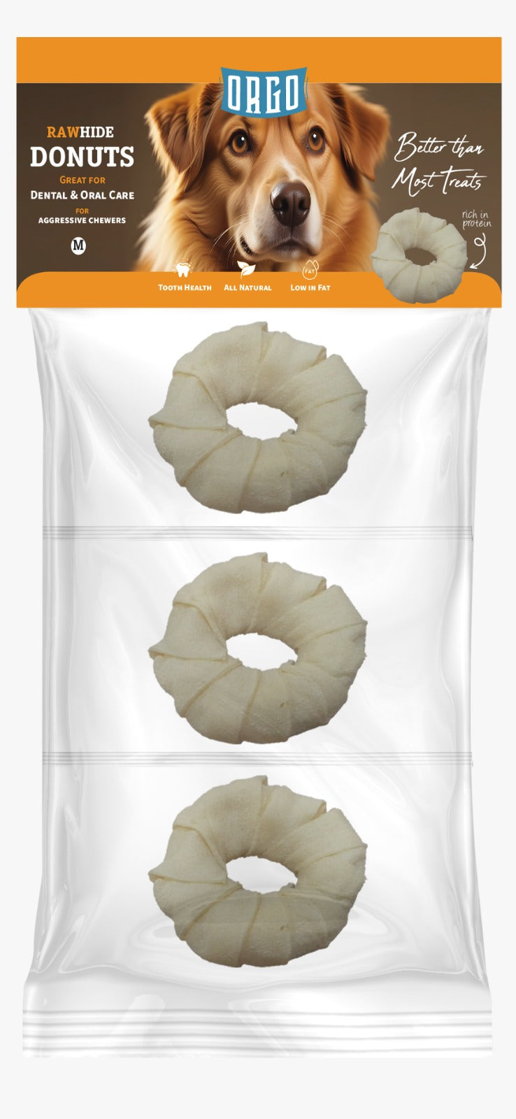 دوناتس من جلد البقر الخام من أورجو للعناية بالفم والأسنان للكلاب، 3 قطع صغيرة