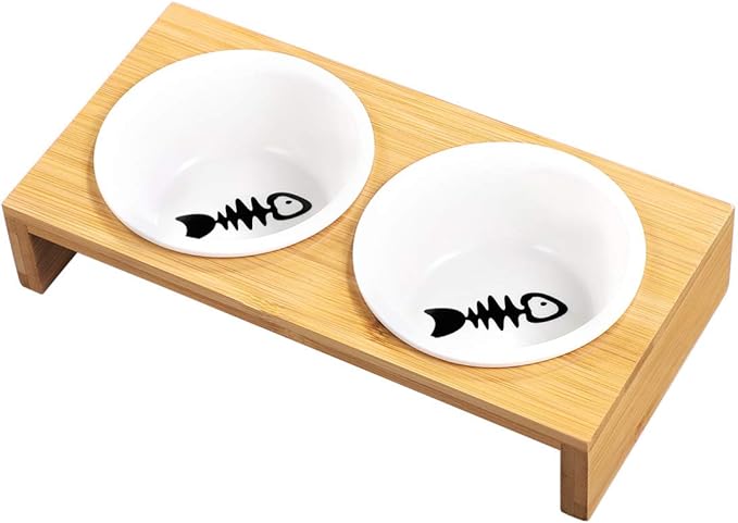 ceramic food & water bowl with wood stand