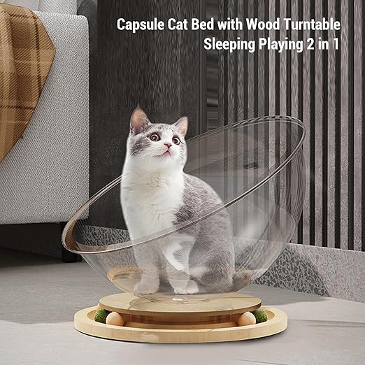 Transparent cat house with wood turntable