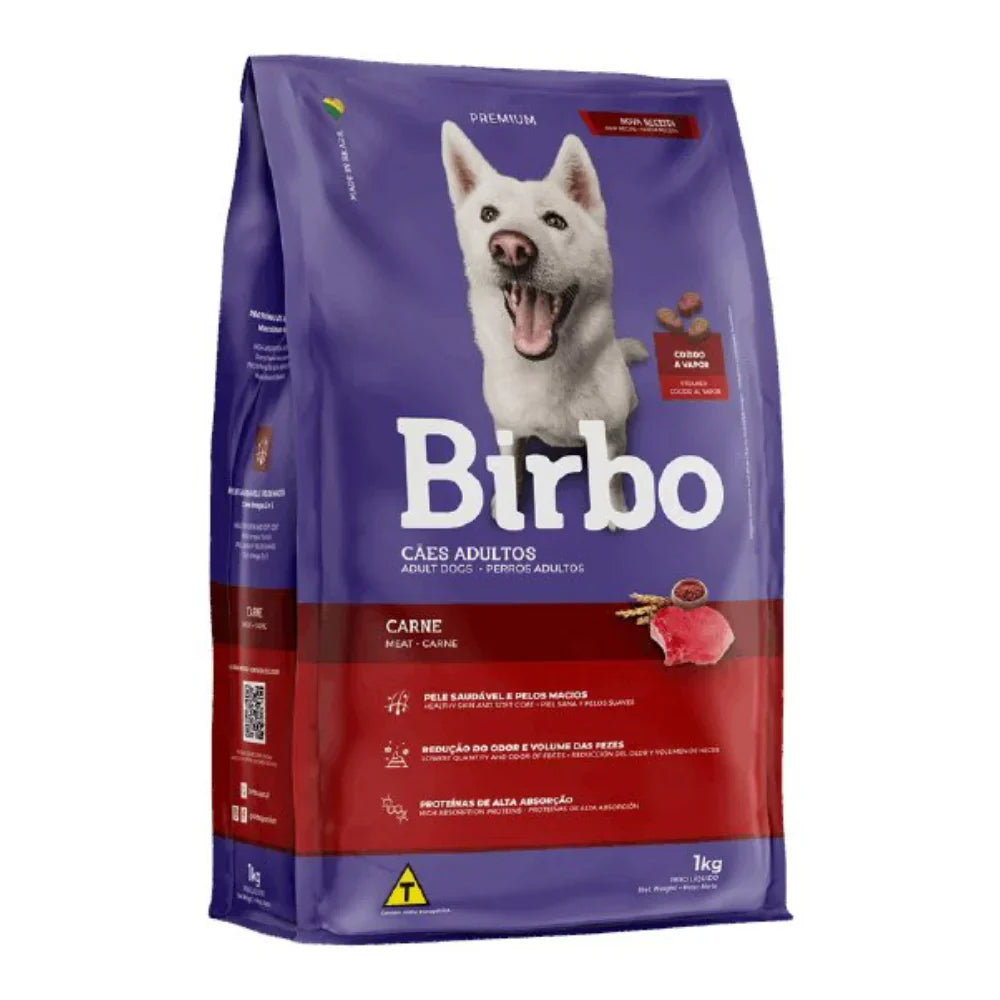 Birbo dog food package with a white dog on a purple and red background