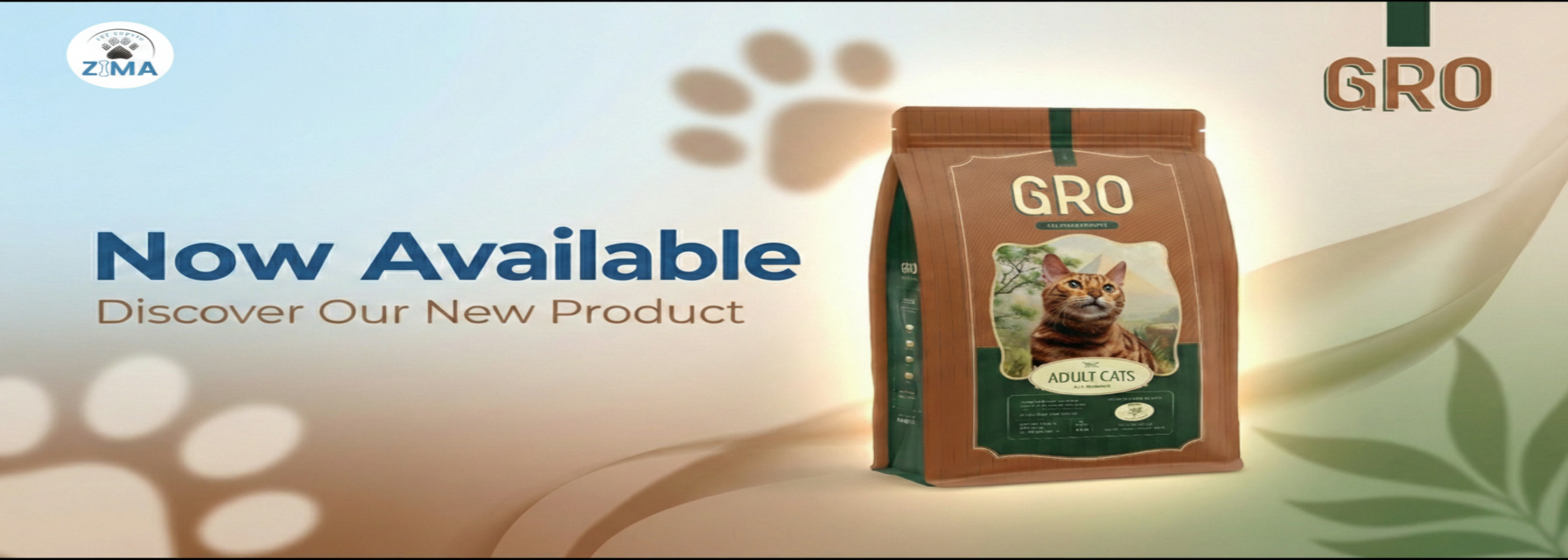 Gro cat food package with text 'Now Available' and 'Discover Our New Product'.