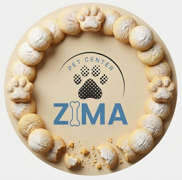 Round pet treat with ZIMA logo and paw prints on a light background