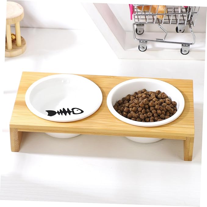 ceramic food & water bowl with wood stand