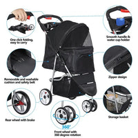 Pet Dog Stroller for Cats and Dog Four Wheels Carrier Strolling Cart with Weather Cover, Storage Basket + Cup Holder