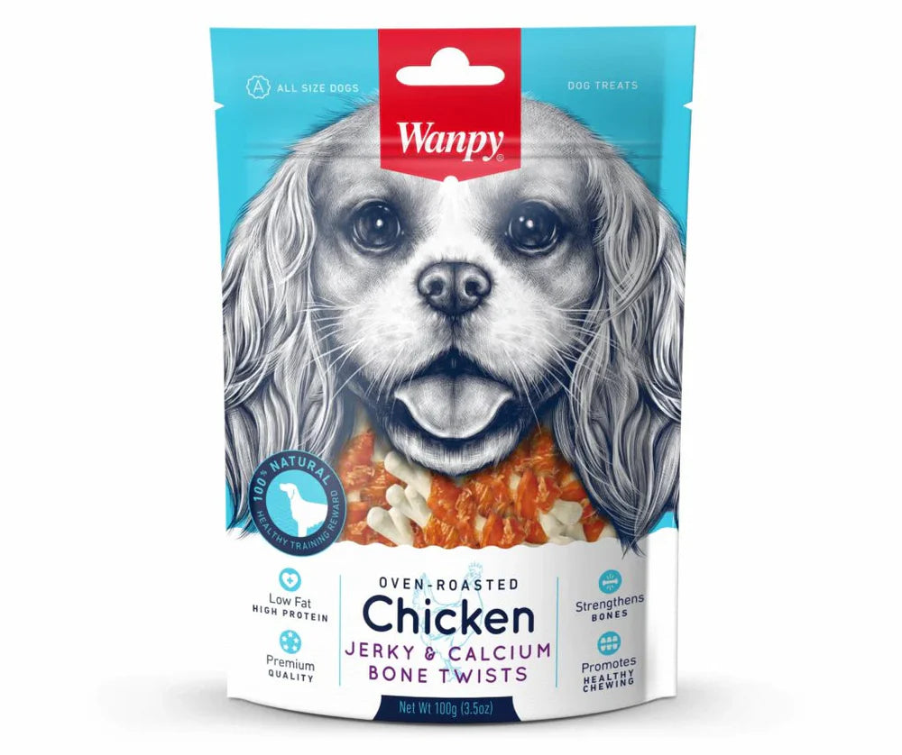 Wanpy Dog Treats Chicken Jerky Calcium Bone Twists 100 g