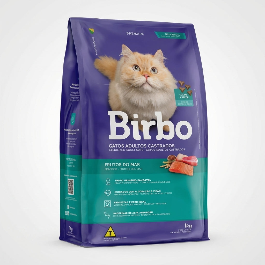 Birbo cat food package for sterilized cats on a white background