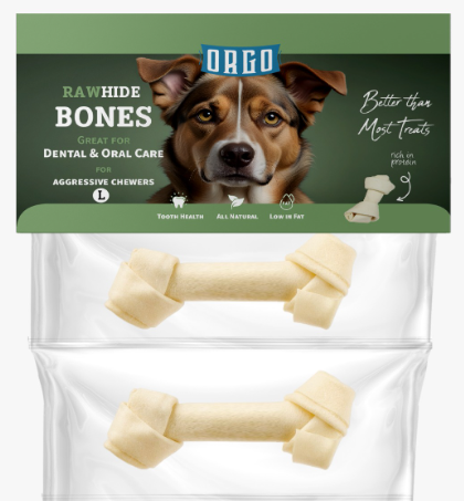 Orgo Rawhide Bones For Dog Dental Oral Care 2 PC L