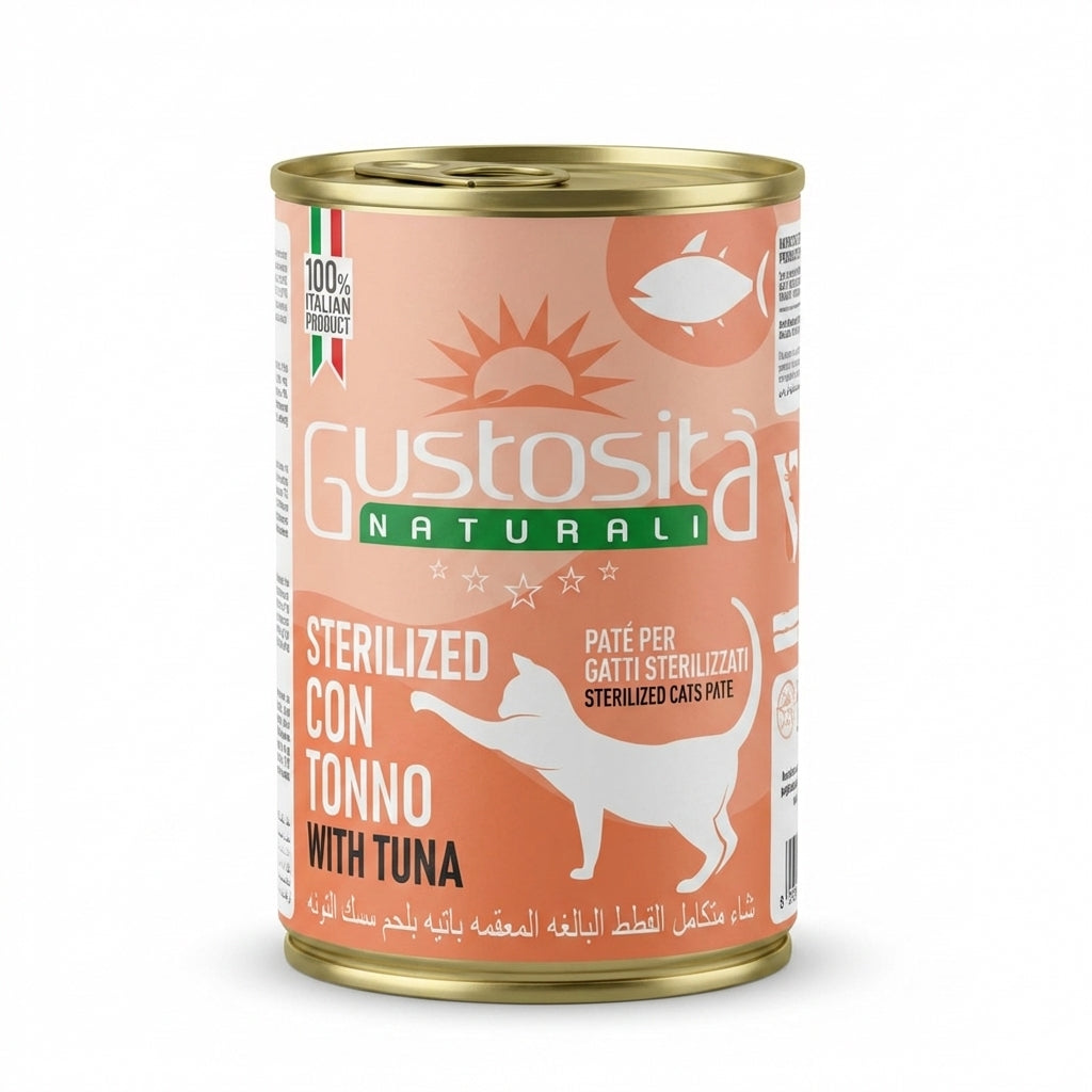 Gustosita canned cat food with tuna flavor on a white background