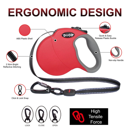 DOCO ADVENTURE RETRACTABLE LEASH / Small up to 10kg 4M Red